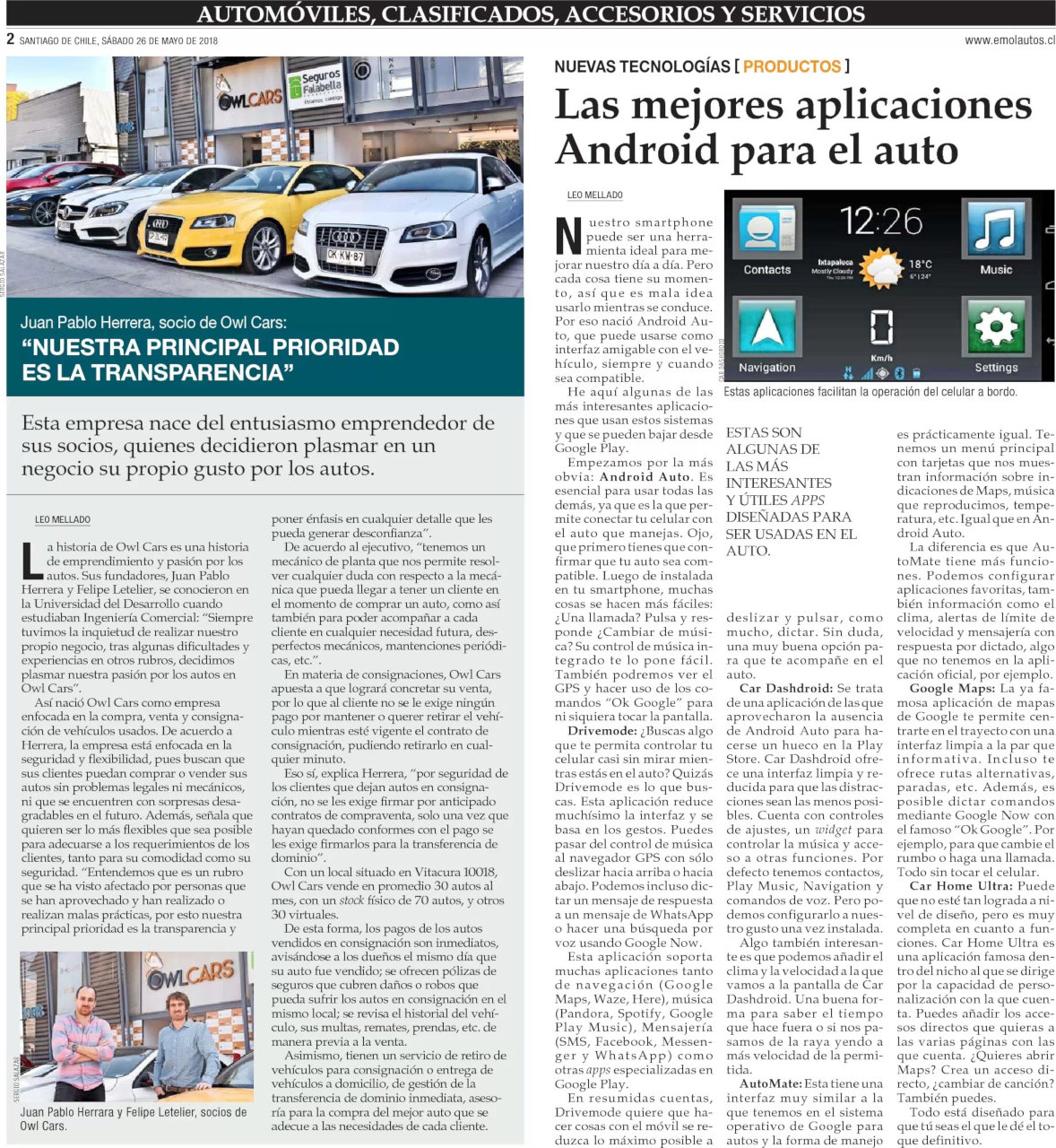 Artículo de Owl Cars en El Mercurio Automóviles - 26 de mayo de 2018